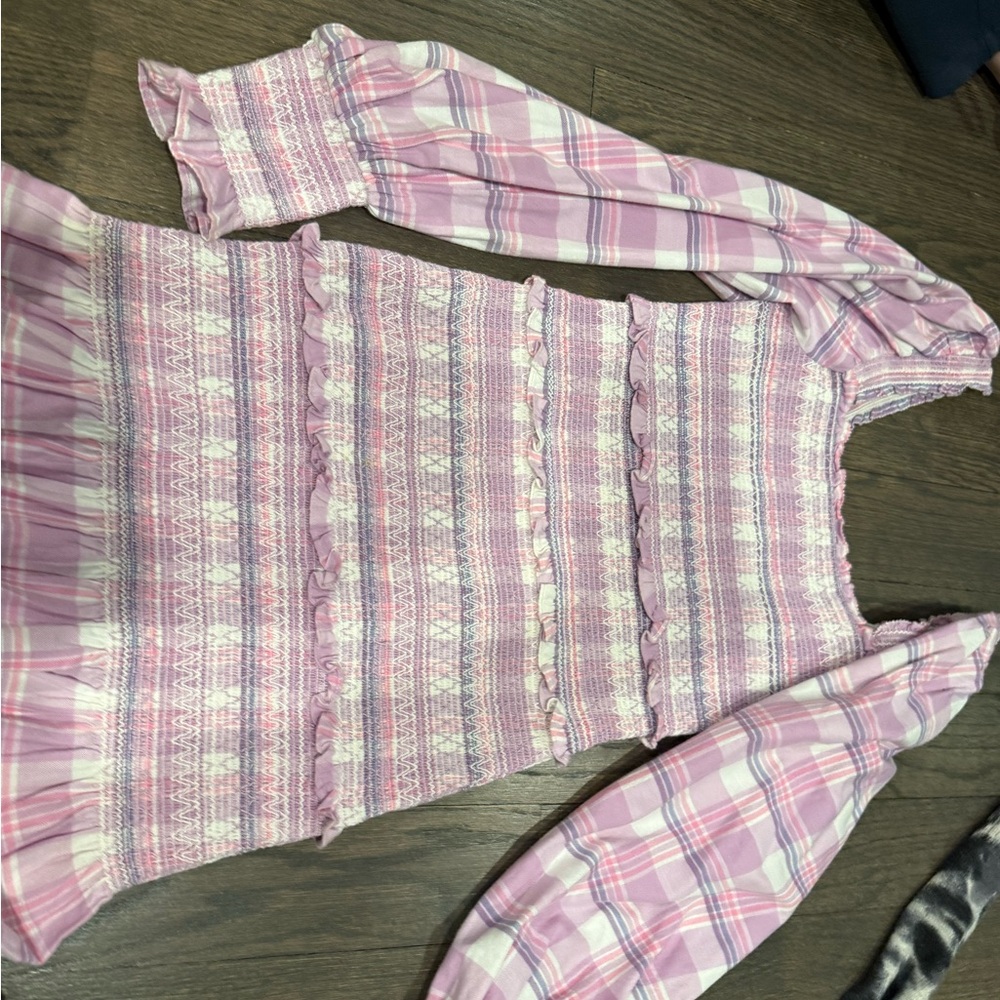 LoveShackFancy Pink and White Plaid Blouse